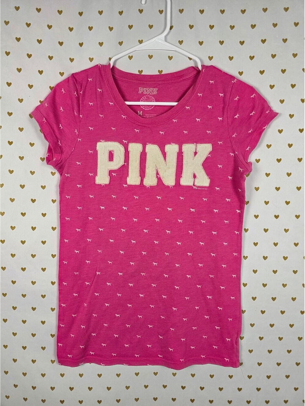 Victoria’s Secret PINK Mini Dog Allover Print Varsity Logo Tee Shirt M